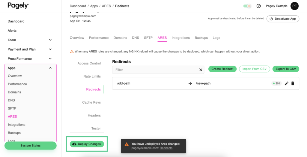 Pagely Atomic redirect settings