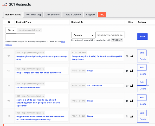 An example of 301 redirects