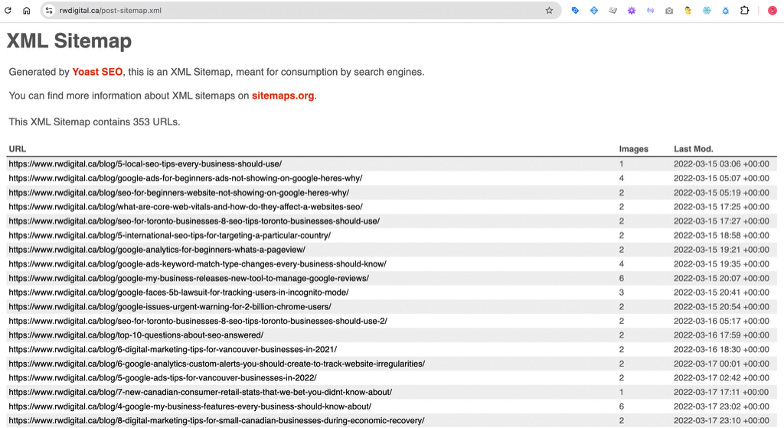 An example of a page XML sitemap