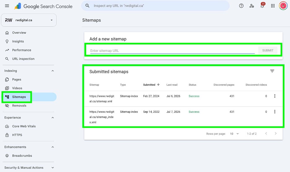 An example of where you can submit your XML sitemap in Google Search Console