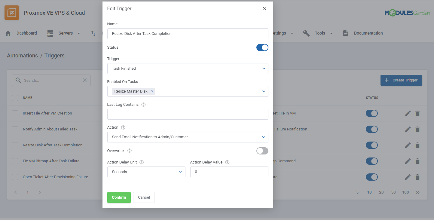 Automations trigger configuration in Proxmox VE VPS & Cloud For WHMCS